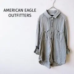 Z【アメリカンイーグル】襟付きシャツ M くすみ緑 ロールアップ袖 レーヨン
