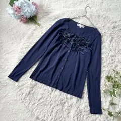 美品✨【JUNKO SHIMADA】 カーディガン 胸元リボン 38 紺 上品のサムネイル