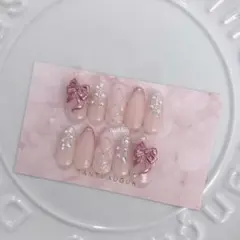 ｛ No.46 ｝ピンクミラーネイル ラメ リボン ネイルチップ