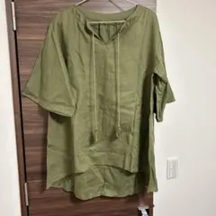 オリーブグリーン リネン風 五分袖チュニック