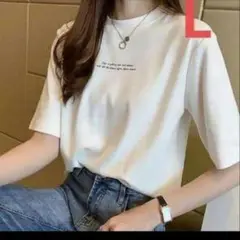 新品　L　ホワイト　白　半袖　Tシャツ　英語　ロゴ　レディース　シンプル　丈長め