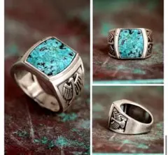 ターコイズ シルバーリング イーグル彫刻 ヴィンテージ メンズ 指輪 RING