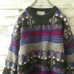 一点物☆古着好き 幾何学的 ボーダー デザインニット 立体編み 柄ニット L
