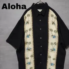 ボタニカル ヤシの木 アロハシャツ パネルライン レーヨン 黒 ブラック Lのサムネイル