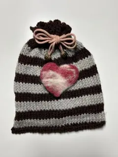 ハンドメイド 巾着袋 茶色とグレーのストライプ