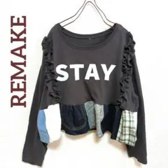FREE　長袖tシャツフリル刺繍×パッチワークドッキング　ショート　古着リメイク