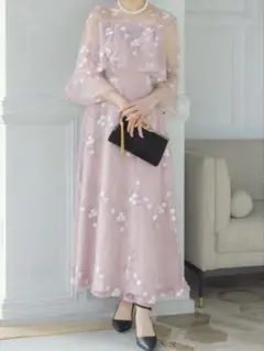 【未使用】チュール刺繍フラワーロングパーティードレス　M