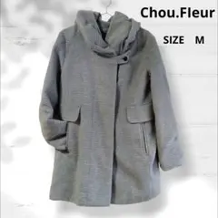 フード付きグレーAラインコート ストライプ模様 サイズM