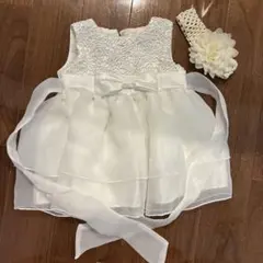 70サイズ ホワイト ベビードレス ヘアバンド付き