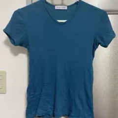 リブ編み Vネック 半袖 トップス 青