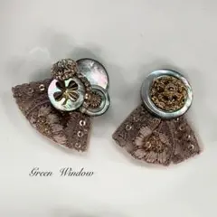 シェルアシメアンティークボタン&インドリボン　オーガンジー　ブラウン