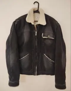 ダークグレー デニムジャケット ボア襟付き