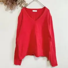 【AZ】赤Ｖネックニットプルオーバー　長袖　トップス　差し色　お洒落　万能