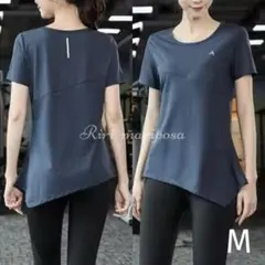アシメトリー半袖スポーツTシャツMサイズ ネイビージム ヨガウェア トップス