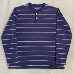 00s Eddie Bauer ヘンリーネック ボーダー ロンT ナス紺 y2k