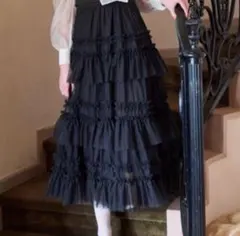 Lovilyn ティアードチュールスカート　ブラック　黒フリル付きブラック