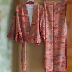 2部式　風景柄 ピンク系 着物☆ワケアリ