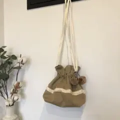 ハンドメイド　ショルダー 刺繍リボン 巾着バッグ