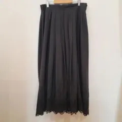 ブラック ロング フレア スカート プリーツ ビジュー装飾 レース 刺繍