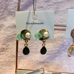 ハンドメイド ドロップピアス パール グリーンストーン