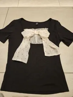 FRIFUL　SHEIN　スクエアネック　ドットリボン　半袖トップス　ブラック