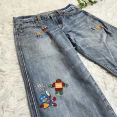 ラフ roughラフマン豪華刺繍ワッペン総柄デニムS希少美品ロールアップY2K柄のサムネイル