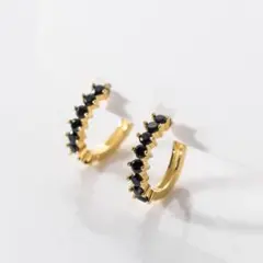 8連 ブラック ジルコニア フープ ピアス シルバー925 イエローゴールド