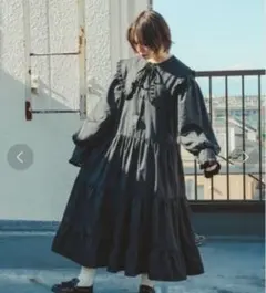 【クティールとレトロ】ビッグ襟ティアードフリルワンピース　ブラック　Lサイズ