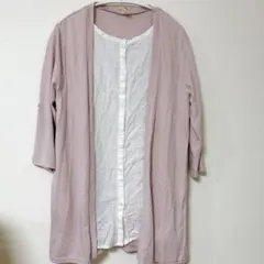 ピンク 七分袖 シャツ チュニック 重ね着風 トップス チェック