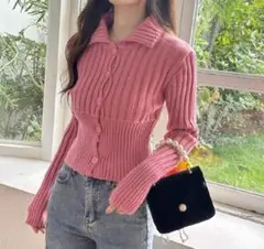 お値下げ　新品　ピンク リブ編み カーディガン 長袖