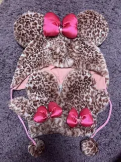 ミニーマウス風ヒョウ柄帽子・手袋セット