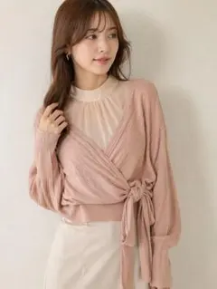 SNIDEL レイヤード風リボンニットトップス ピンク　シアー ハイネック