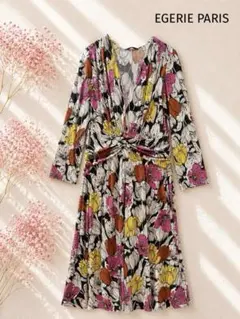 【エジェリーパリ】花柄 カシュクールロングワンピース ストレッチ フランス製風のサムネイル