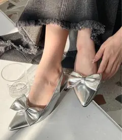 出品2/24まで❗️ シルバー　ミュール　サンダル　リボン取り外し可