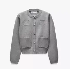 ZARA プレーンニットジャケット　パデッドショルダー　グレー　カーディガン