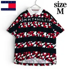 TOMMY HILFIGER GOLF 半袖ポロシャツ 総柄 ロゴ ドローコード