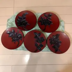 赤色 鎌倉彫漆器 菓子銘々皿5枚セット