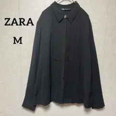 ザラ レース切替 シアーブラウス 黒 長袖(M) 金ボタン きれいめ 通勤 春