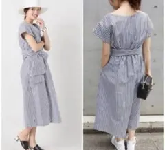 【美品】IENA リネンウエストマークワンピースストライプ 36のサムネイル