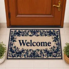 welcome 玄関マット ネイビー ドアマット 室内マット 北欧柄　花柄