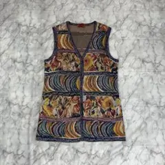 レトロ 総柄 ニットベスト ゴブラン調 幾何学 花柄 ヴィンテージ 古着