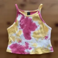 ピンク×イエローダイダイ柄☆ショート丈リブタンクトップ☆Sサイズのサムネイル