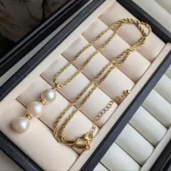 パールネックレス　淡水真珠　3玉　ステンレスチェーン　デイリー　冠婚葬祭　新品