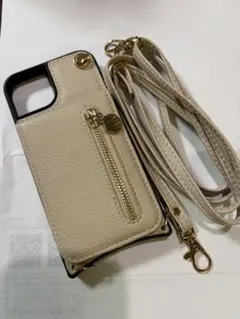 ベージュ レザーiPhone15ケース ストラップ付き