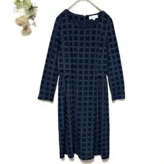 ミッシェルクラン｜格子柄タックワンピース｜美品✨ストレッチ｜総柄｜長袖｜緑｜Mのサムネイル
