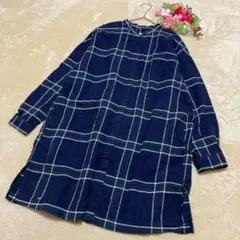 【無印良品】フランネルチェック柄シャツワンピース ポケット付きネイビー Ｍ～Ｌ