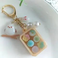 #058　シマエナガ付き和菓子ボックスキーホルダー