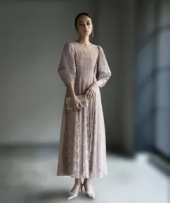 【美品】GIRL パフスリーブ総レースフレアロングワンピース　ピンクベージュ