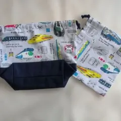 【ハンドメイド】お弁当袋＆コップ袋セット（電車・新幹線柄）