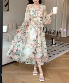Dazy 花柄プリント ランタンスリーブ タイ ドレス　L